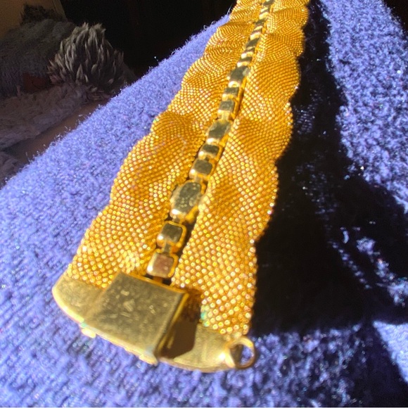 Wide Gold Mesh Bracelet with Clear Prong set Rhinestone Row. 7” - Picture 4 of 11